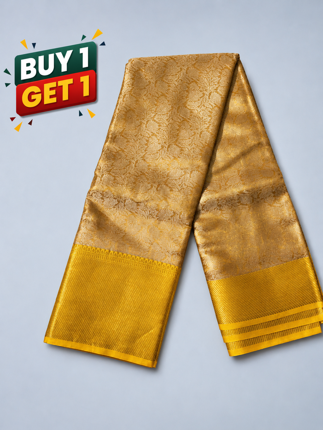 Golden Soft Silk Saree with Self Gold Border & Floral Zari Weaving