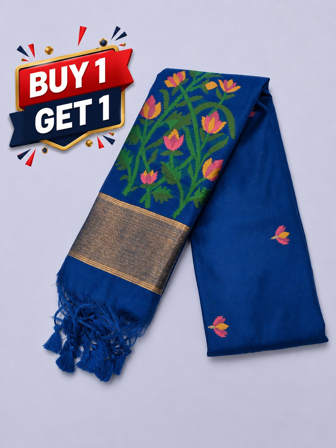 Royal Blue Jamdani Saree with Floral Woven Pallu