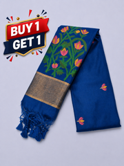 Royal Blue Jamdani Saree with Floral Woven Pallu