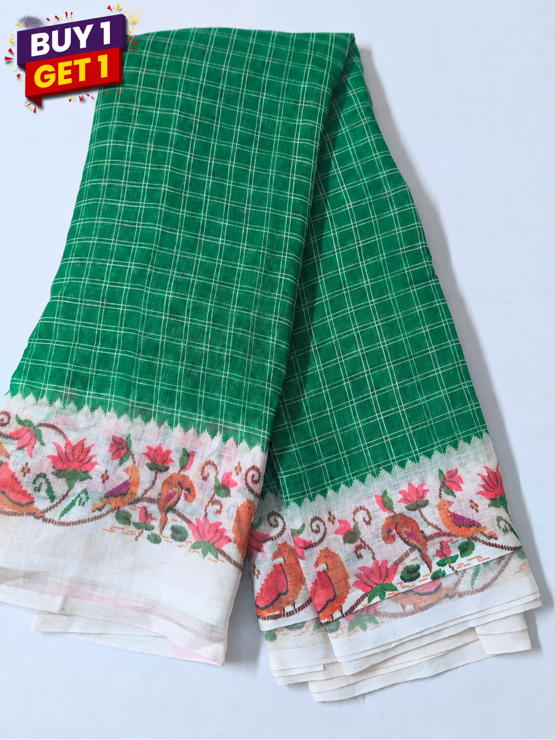 Green Checked Cotton Saree with Artistic Floral Bird Border