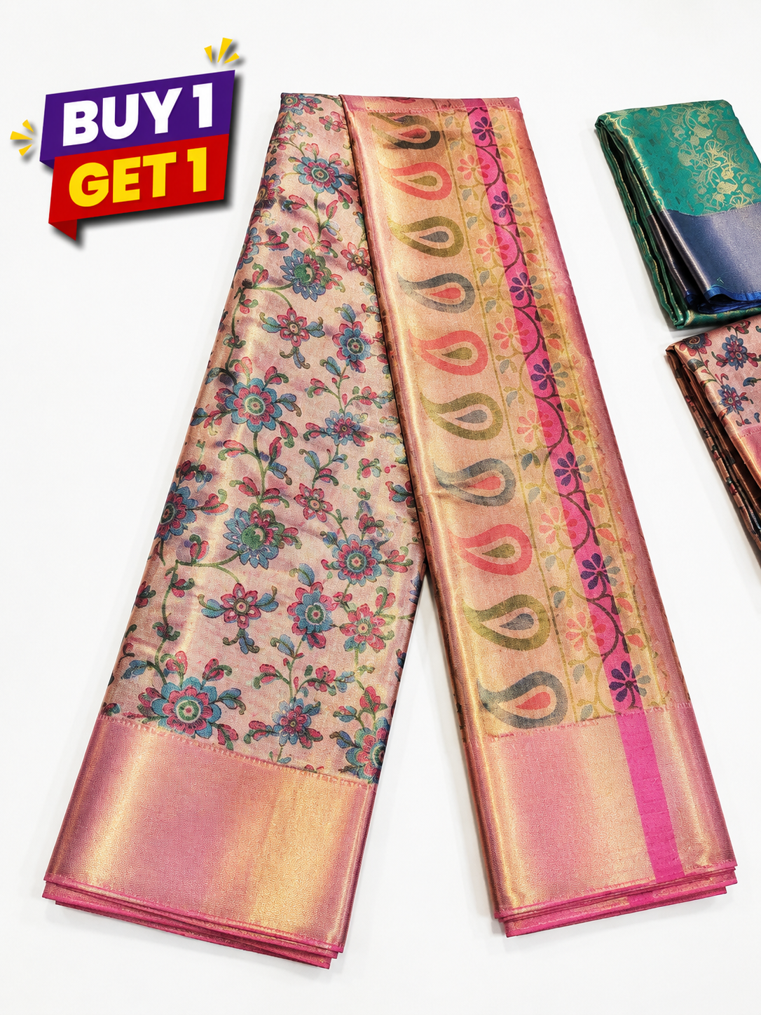 Coral Peach & Gold  Butta Arts Kanchipuram Fancy Silk Sarees