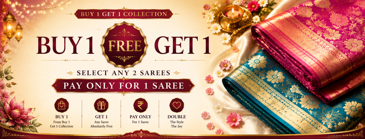 Promotional banner for a saree store with two sarees and decorative elements.