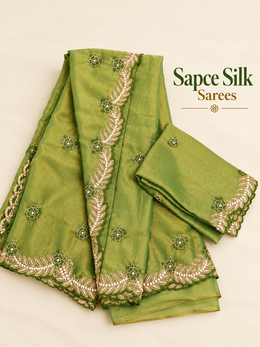 Olive Green Space Silk Saree with Floral Embroidery