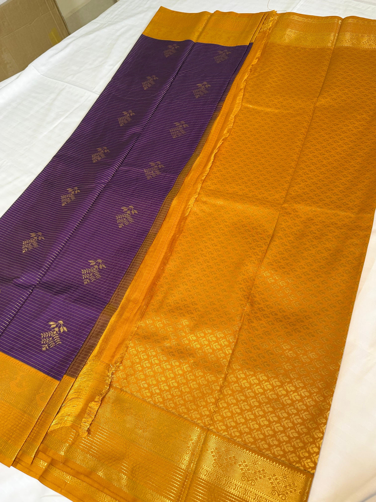 Purple & Mustard Kanchipuram Silk Saree with Gold Zari Stripes