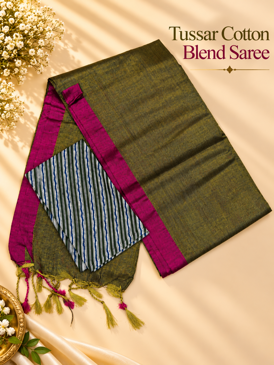 Olive Green Tussar Cotton Blend Saree with Magenta Border
