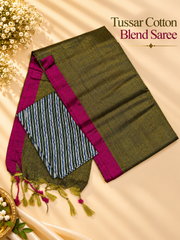 Olive Green Tussar Cotton Blend Saree with Magenta Border