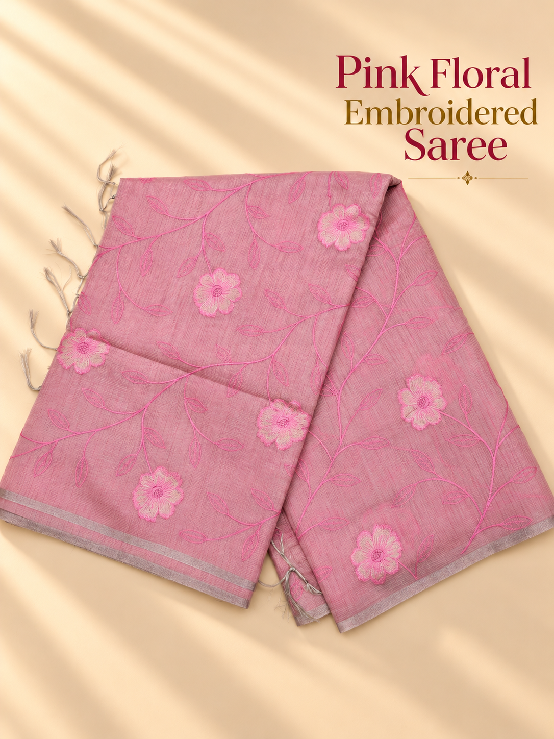 Pink Floral Embroidered Cotton Blend Saree