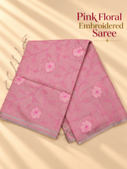 Pink Floral Embroidered Cotton Blend Saree