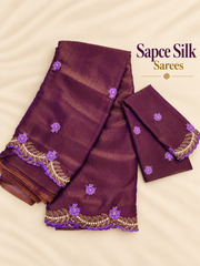 Deep Plum Space Silk Saree with Purple Floral Embroidery
