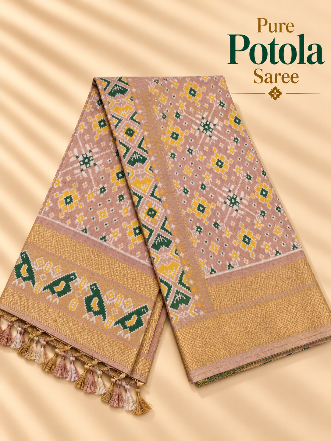 Golden Beige Green Motif Pure Patola Saree