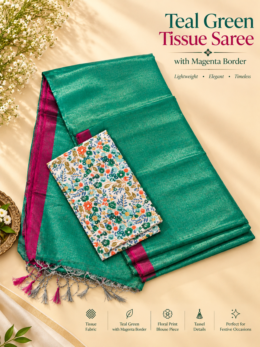 Teal Green Tussar Cotton Blend Saree with Magenta Border