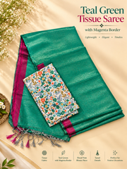 Teal Green Tussar Cotton Blend Saree with Magenta Border