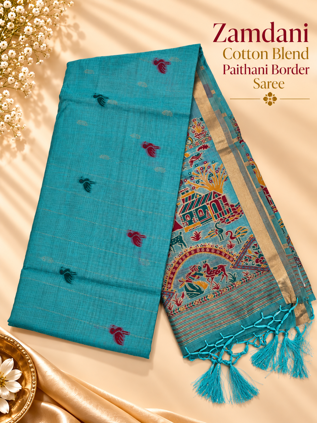 Teal Zamdani Cotton Blend Paithani Border Saree