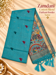 Teal Zamdani Cotton Blend Paithani Border Saree
