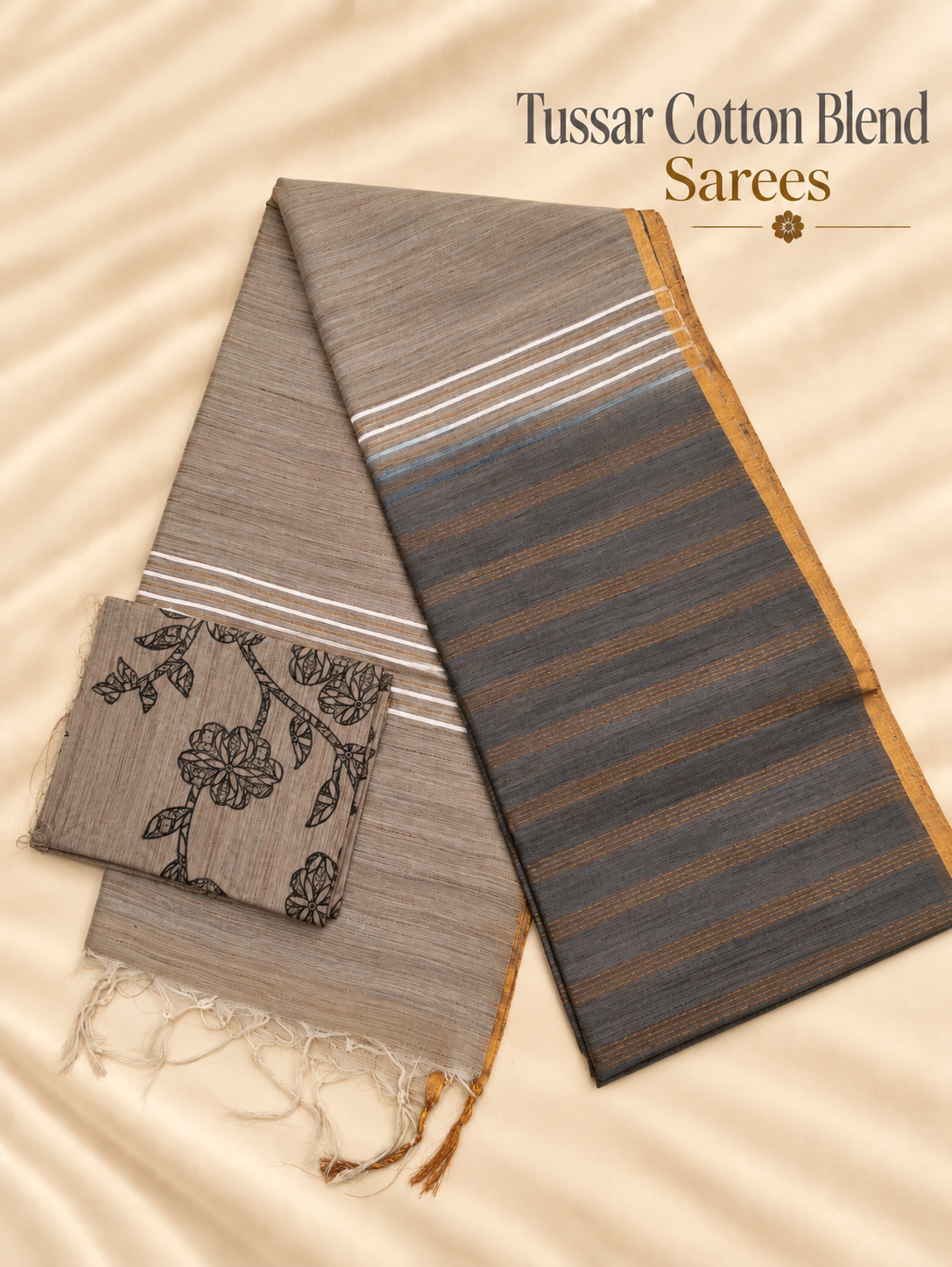 Grey & Charcoal Tussar Cotton Blend Saree with Striped Pallu