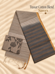 Grey & Charcoal Tussar Cotton Blend Saree with Striped Pallu