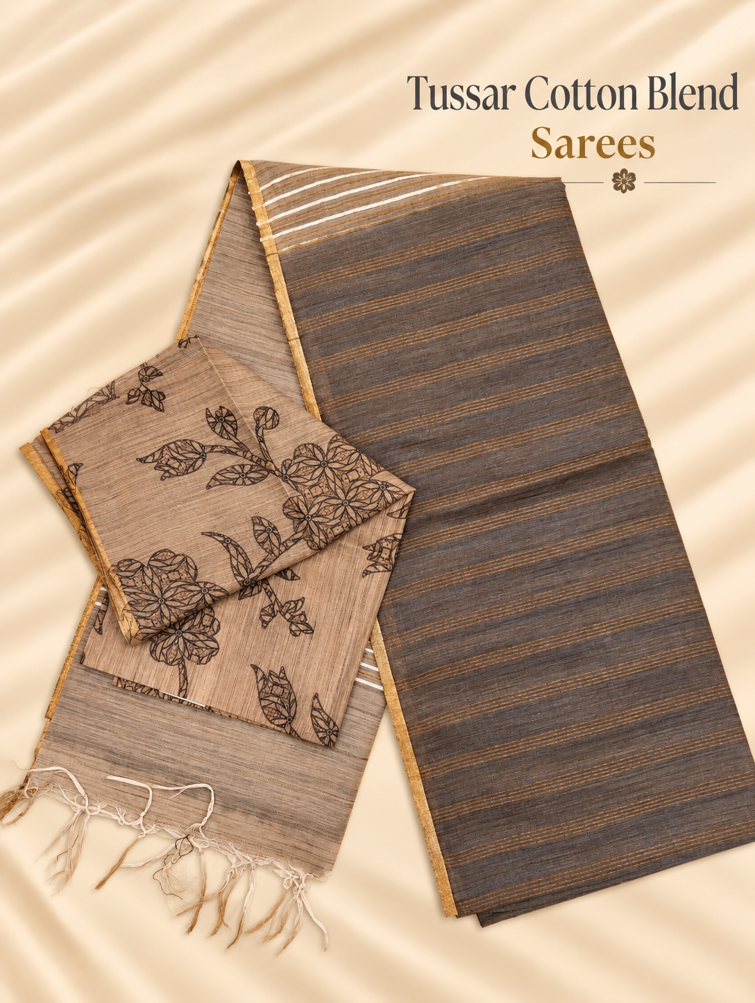 Taupe & Charcoal Grey Tussar Cotton Blend Saree with Floral Printed Blouse
