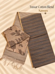 Taupe & Charcoal Grey Tussar Cotton Blend Saree with Floral Printed Blouse