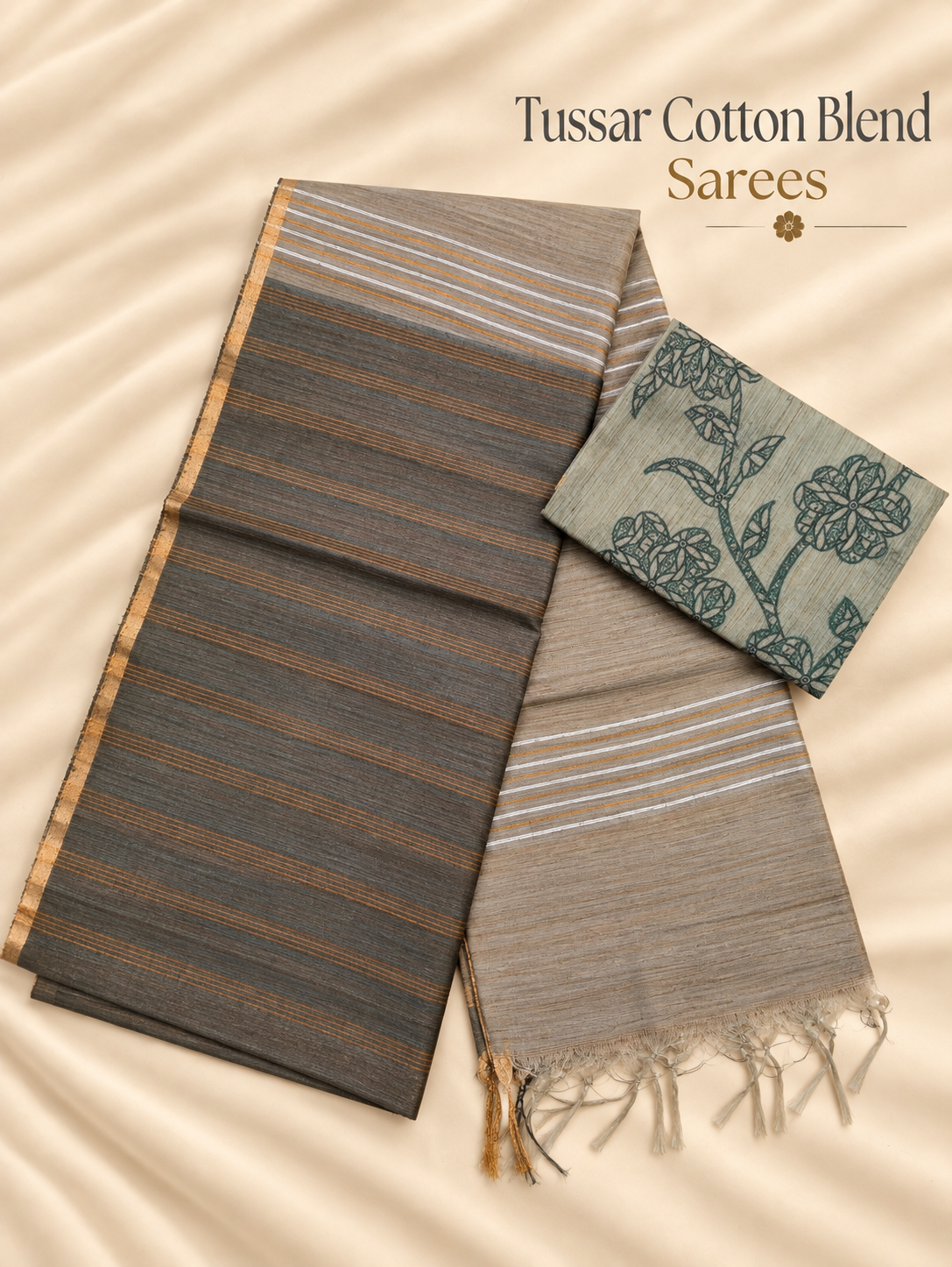 Charcoal Grey & Taupe Tussar Cotton Blend Saree with Golden Stripes