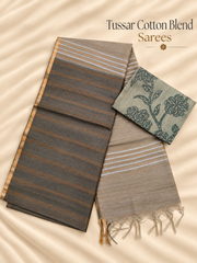 Charcoal Grey & Taupe Tussar Cotton Blend Saree with Golden Stripes