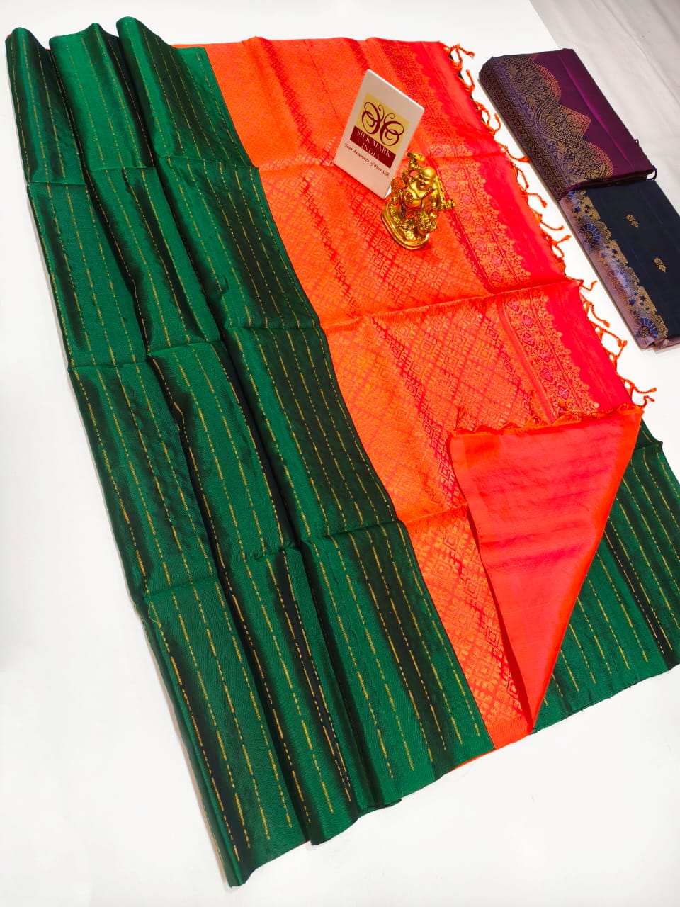 Kanchipuram Pure Soft Silk Sarees  – Festive Orange & Emerald Contrast