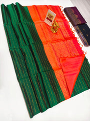 Kanchipuram Pure Soft Silk Sarees  – Festive Orange & Emerald Contrast