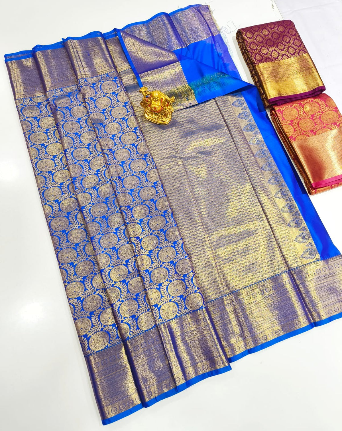 Royal Blue & Silver Zari Kanchi Semi Fancy Silk Saree with Circular Motifs