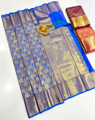 Royal Blue & Silver Zari Kanchi Semi Fancy Silk Saree with Circular Motifs