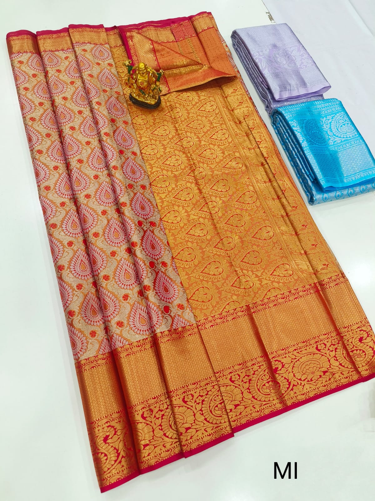 Sunset Gold & Coral Red Kanchi Fancy Pure Silk Saree with Dual Paisley Weave