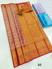 Sunset Gold & Coral Red Kanchi Fancy Pure Silk Saree with Dual Paisley Weave