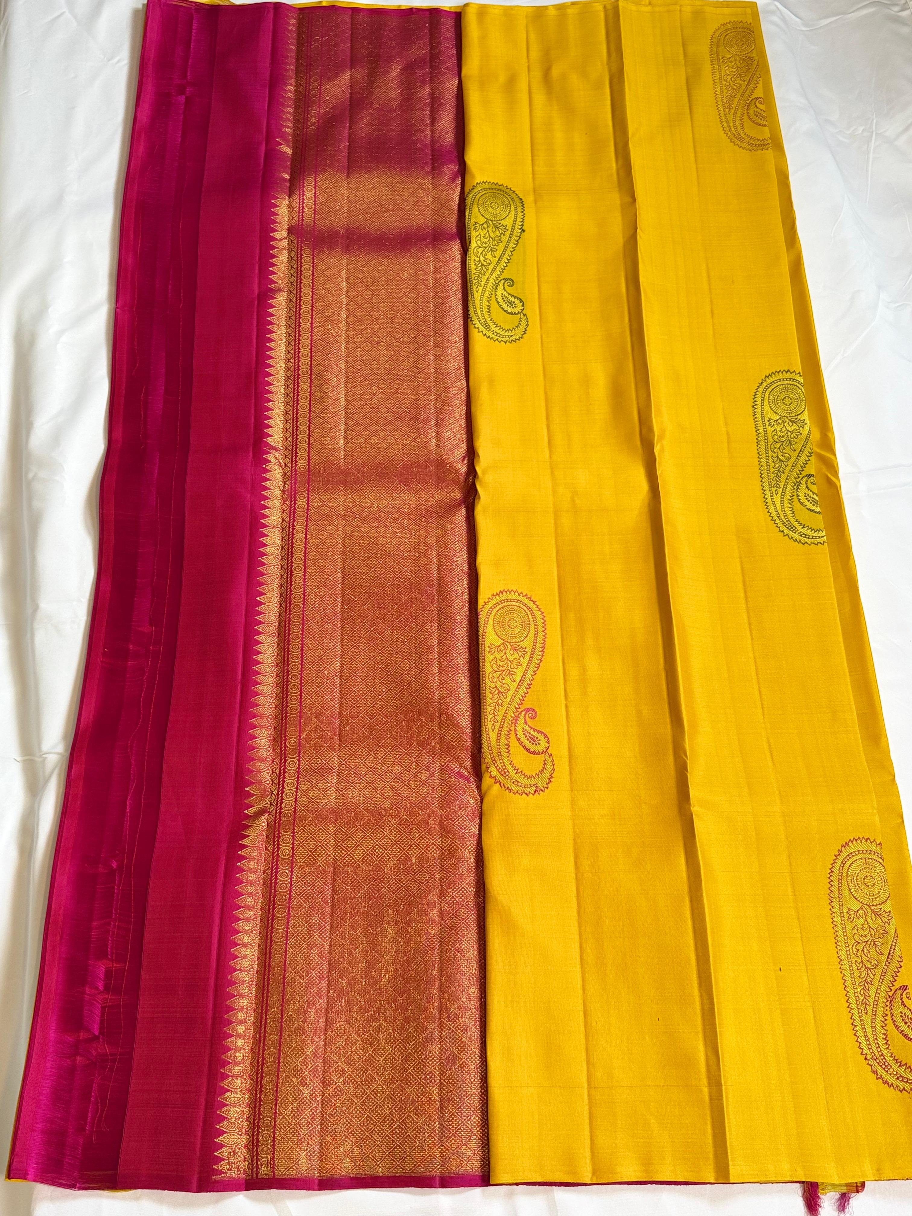 Saanvi Yellow Kanchipuram Silk Saree with Pink Pallu