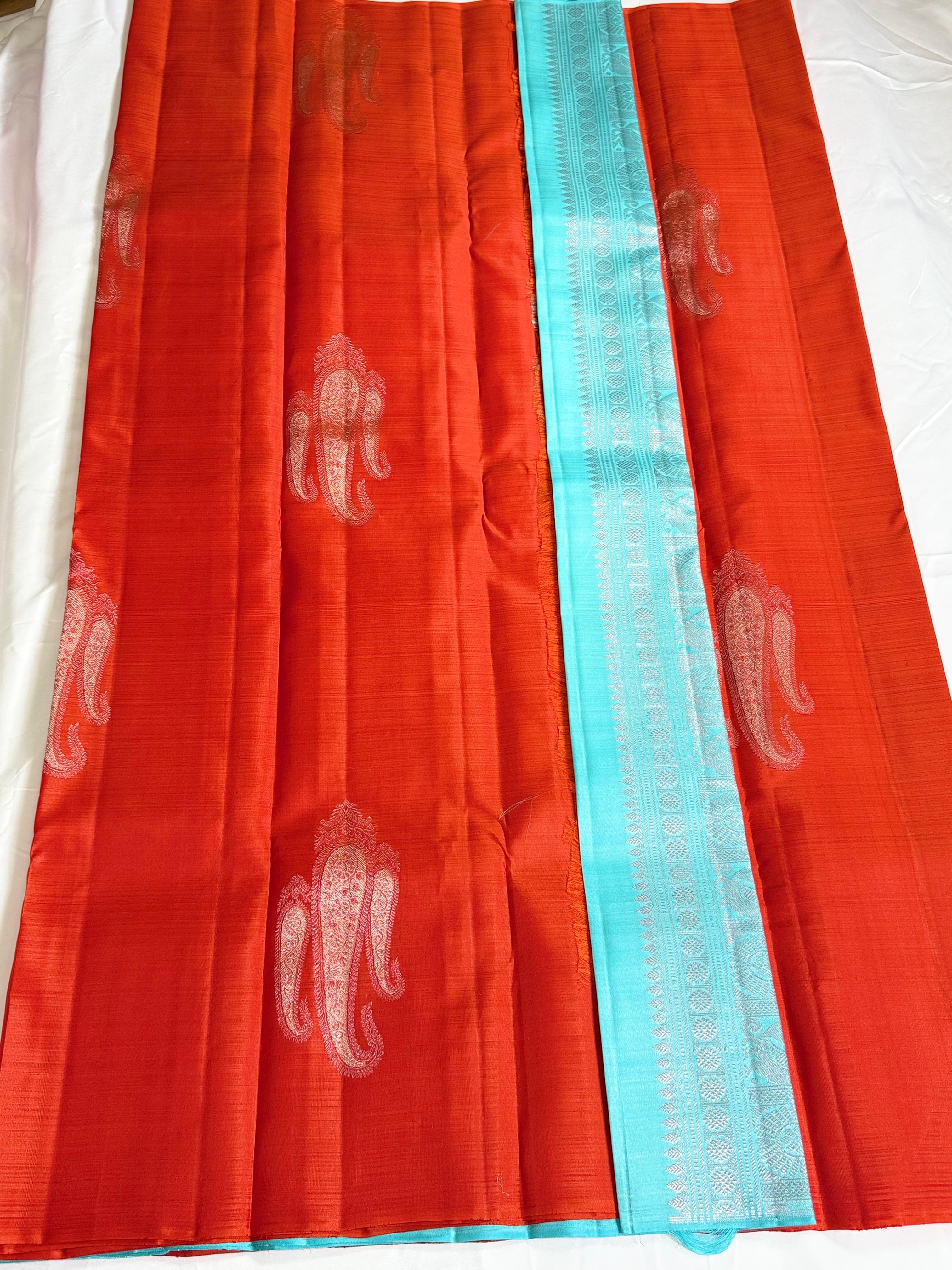 Sharvani Red Kanchipuram Silk Saree with Blue Border