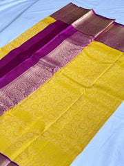 Sunshine Yellow Kanchipuram Silk Saree with Pink Paisley Zari Pallu