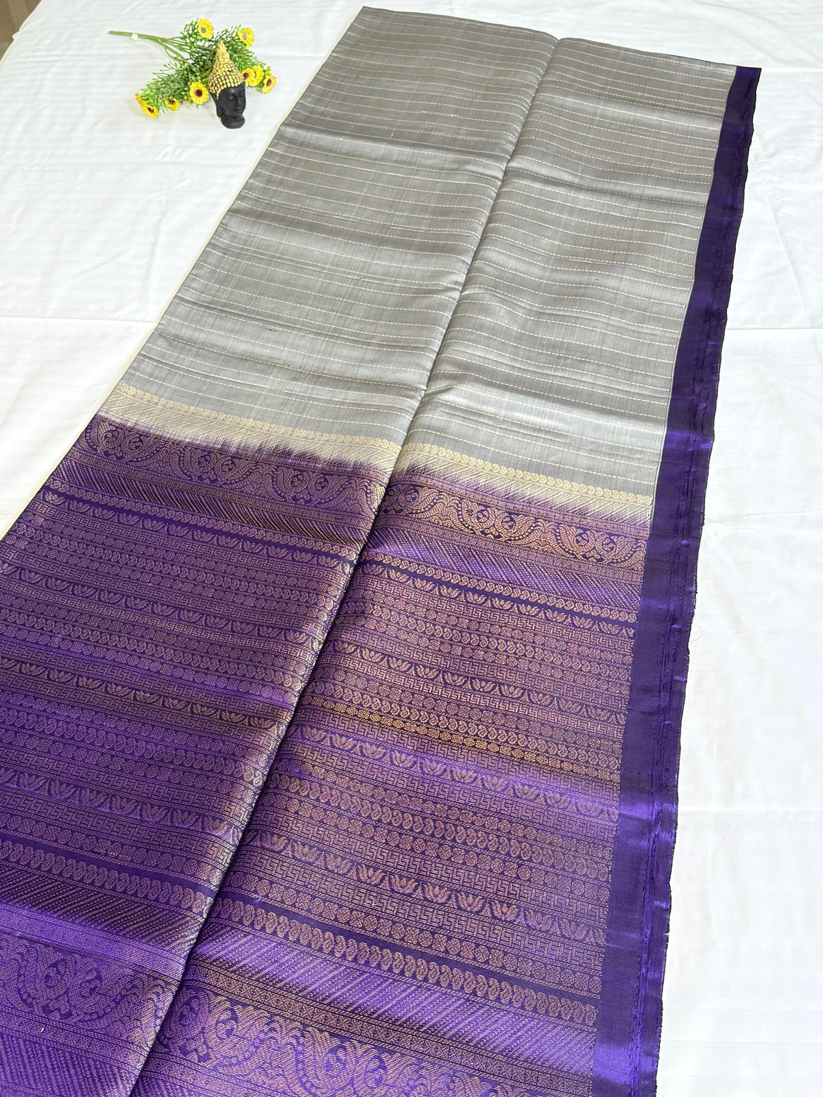 Ishvika Grey Kanchipuram Silk Saree with Purple Zari Pallu