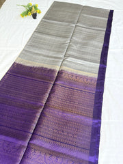 Ishvika Grey Kanchipuram Silk Saree with Purple Zari Pallu