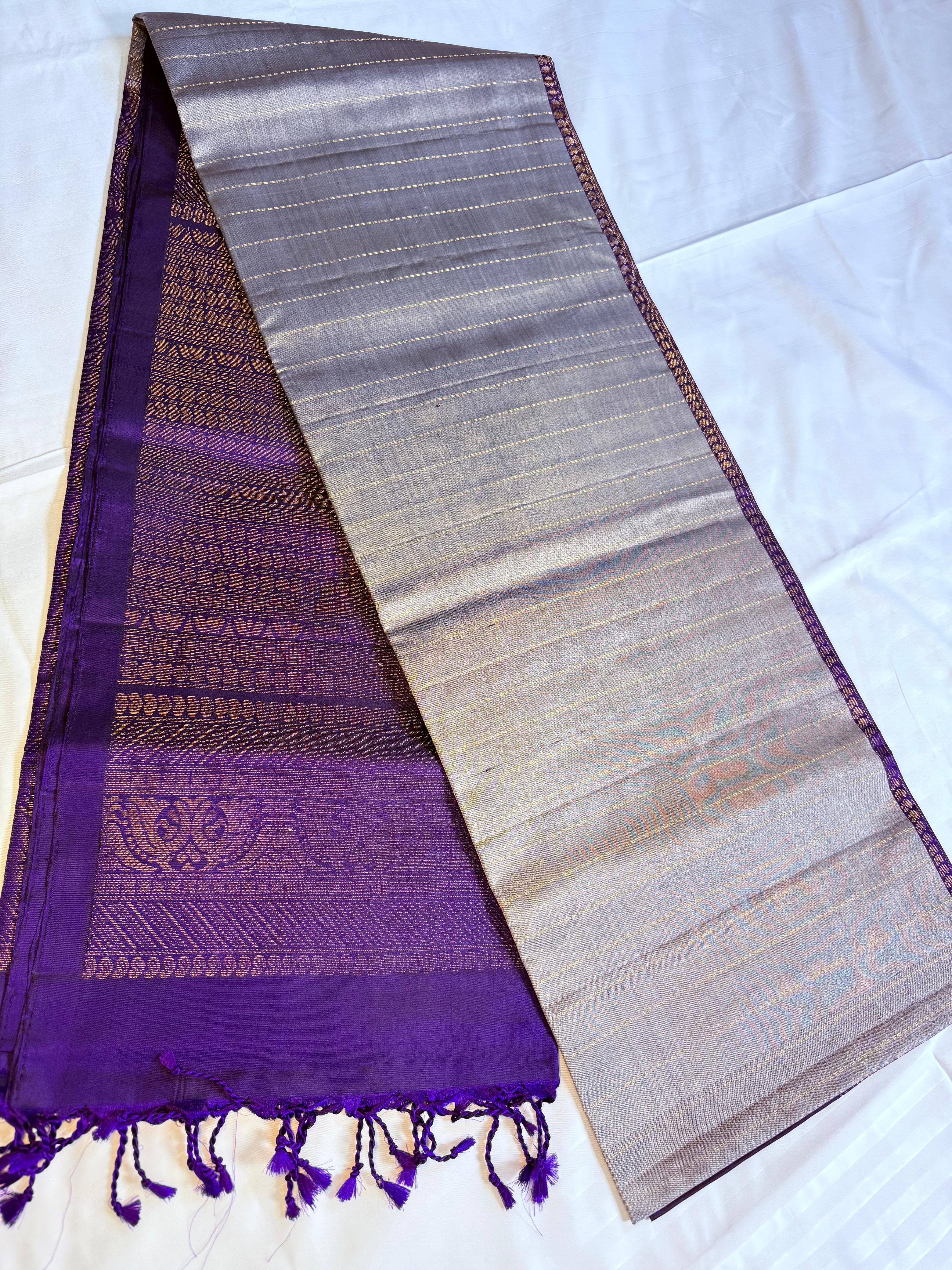 Ishvika Grey Kanchipuram Silk Saree with Purple Zari Pallu