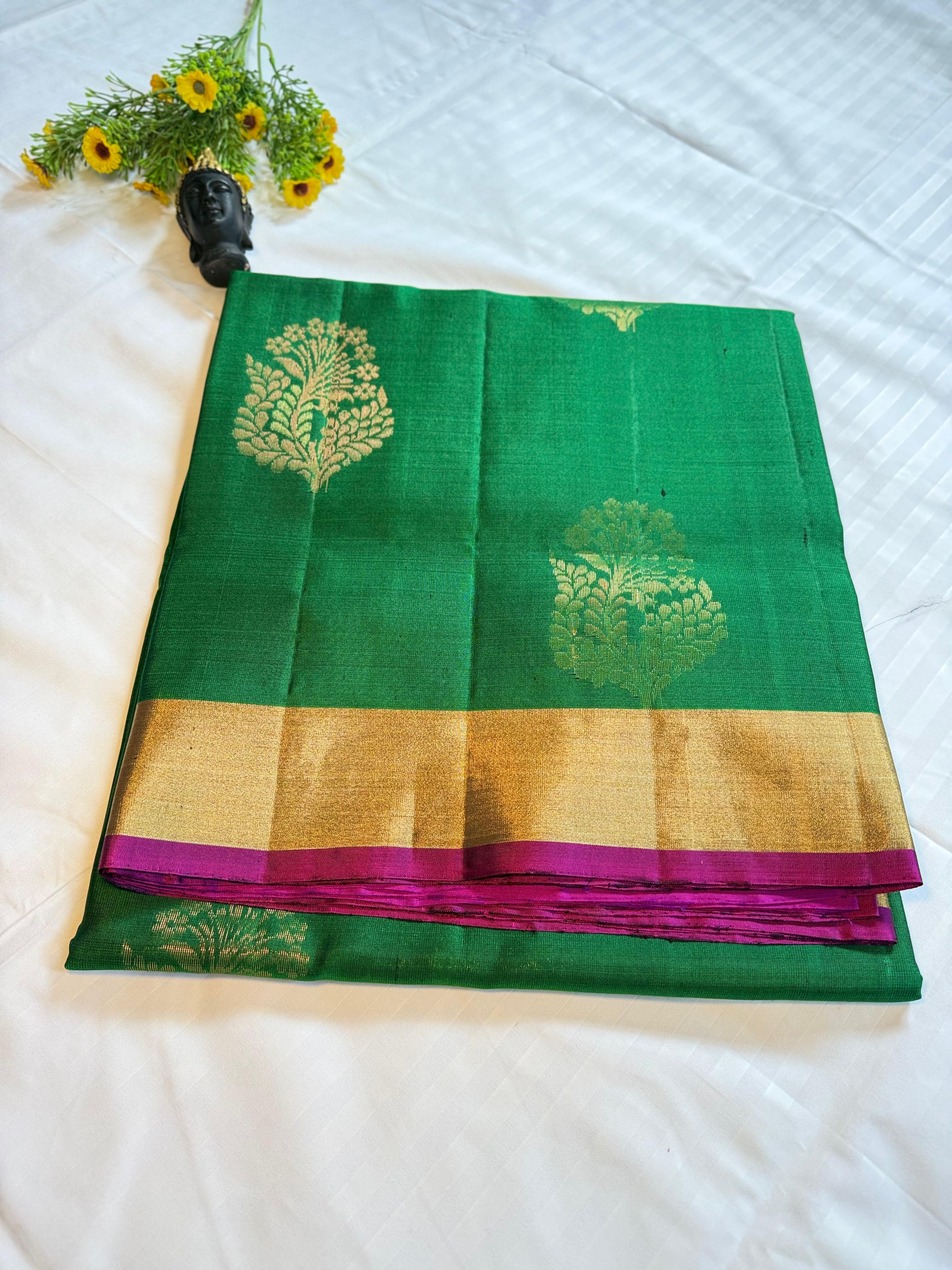 Green & Magenta Kanchipuram Silk Saree with Rich Zari Pallu