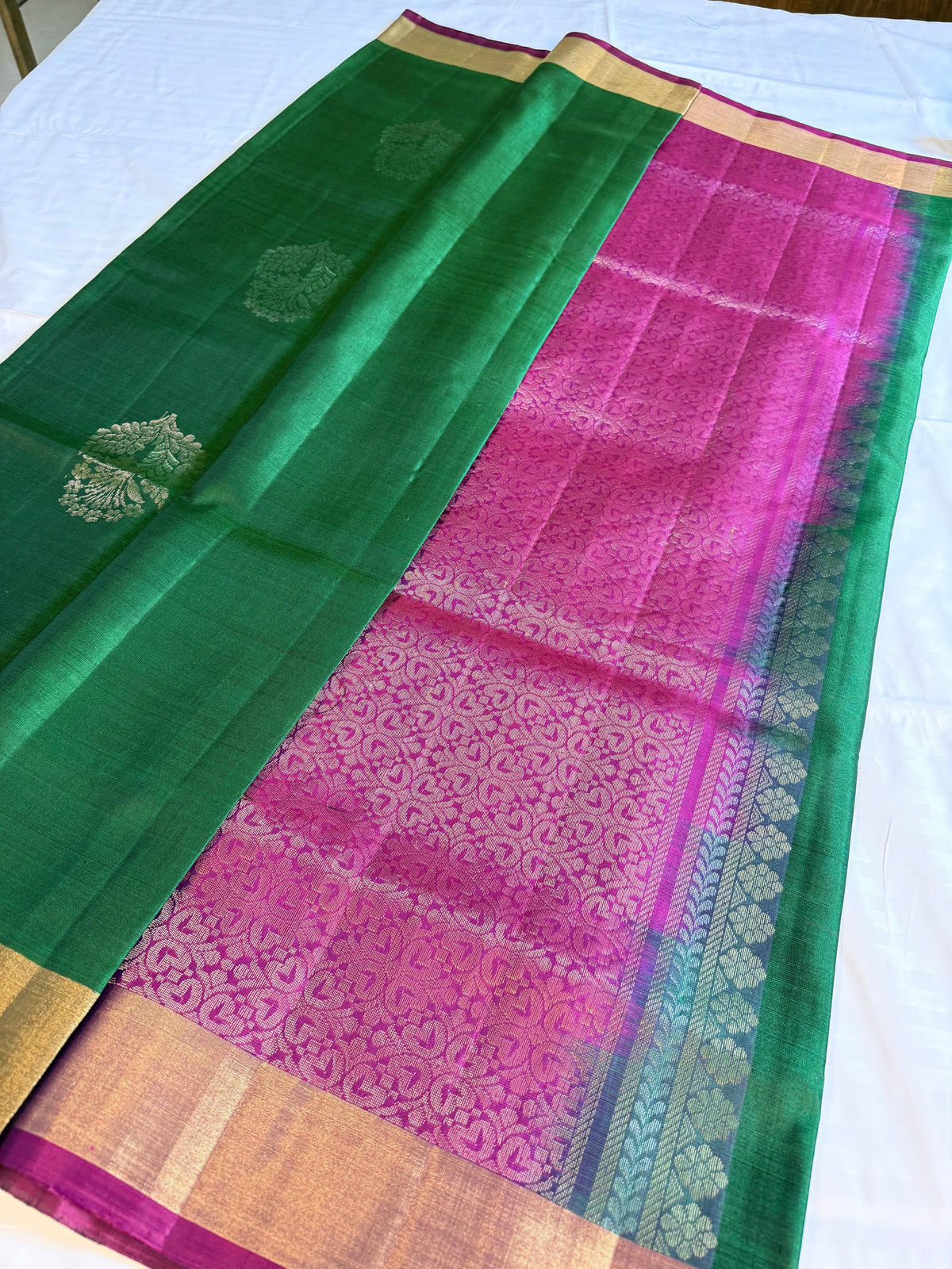 Green & Magenta Kanchipuram Silk Saree with Rich Zari Pallu