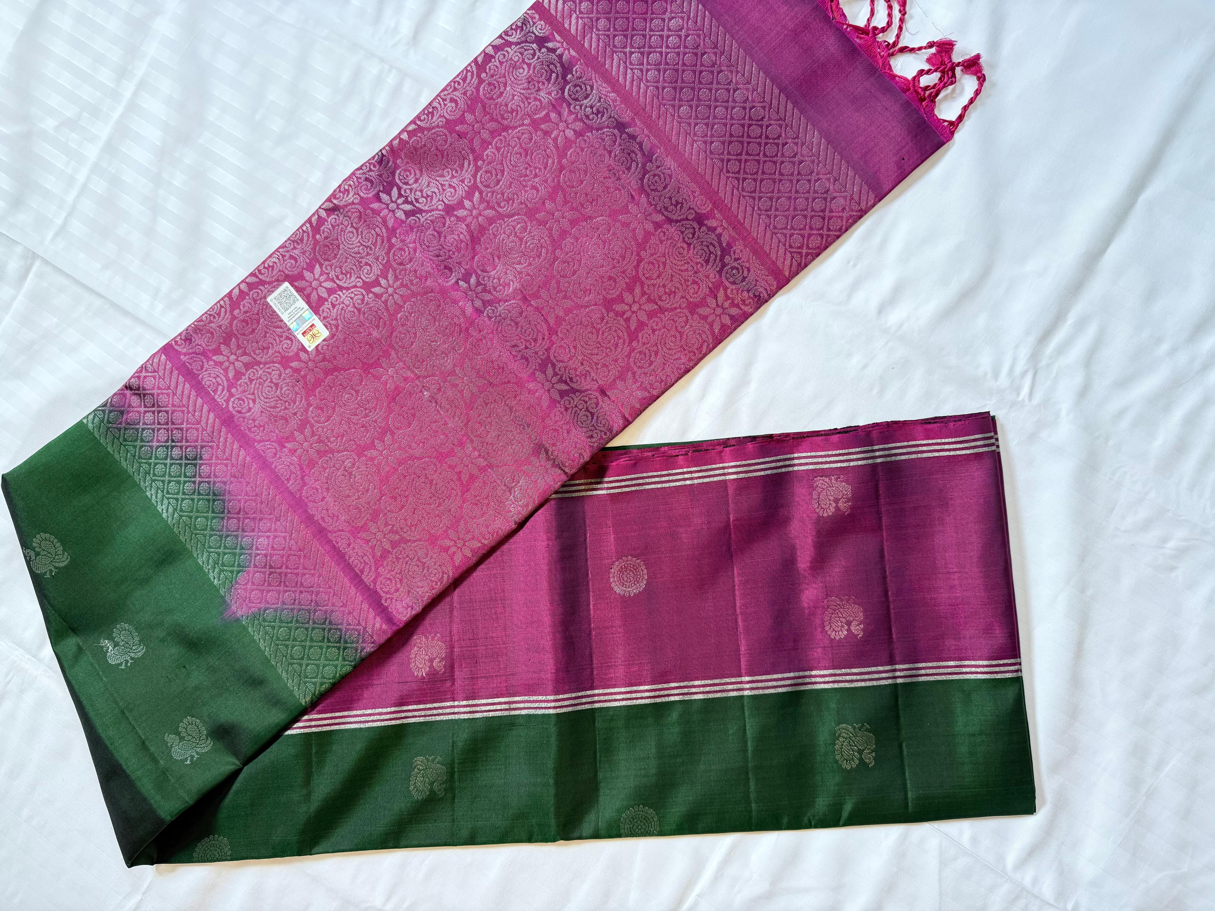 Dual-Tone Kanchipuram Silk Saree in Green & Pink with Butta Weave