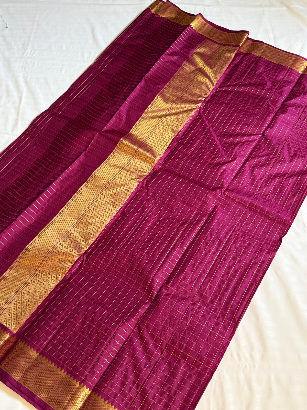 Maroon Checked Kanchipuram Silk Saree with Contrast Gold Zari Border