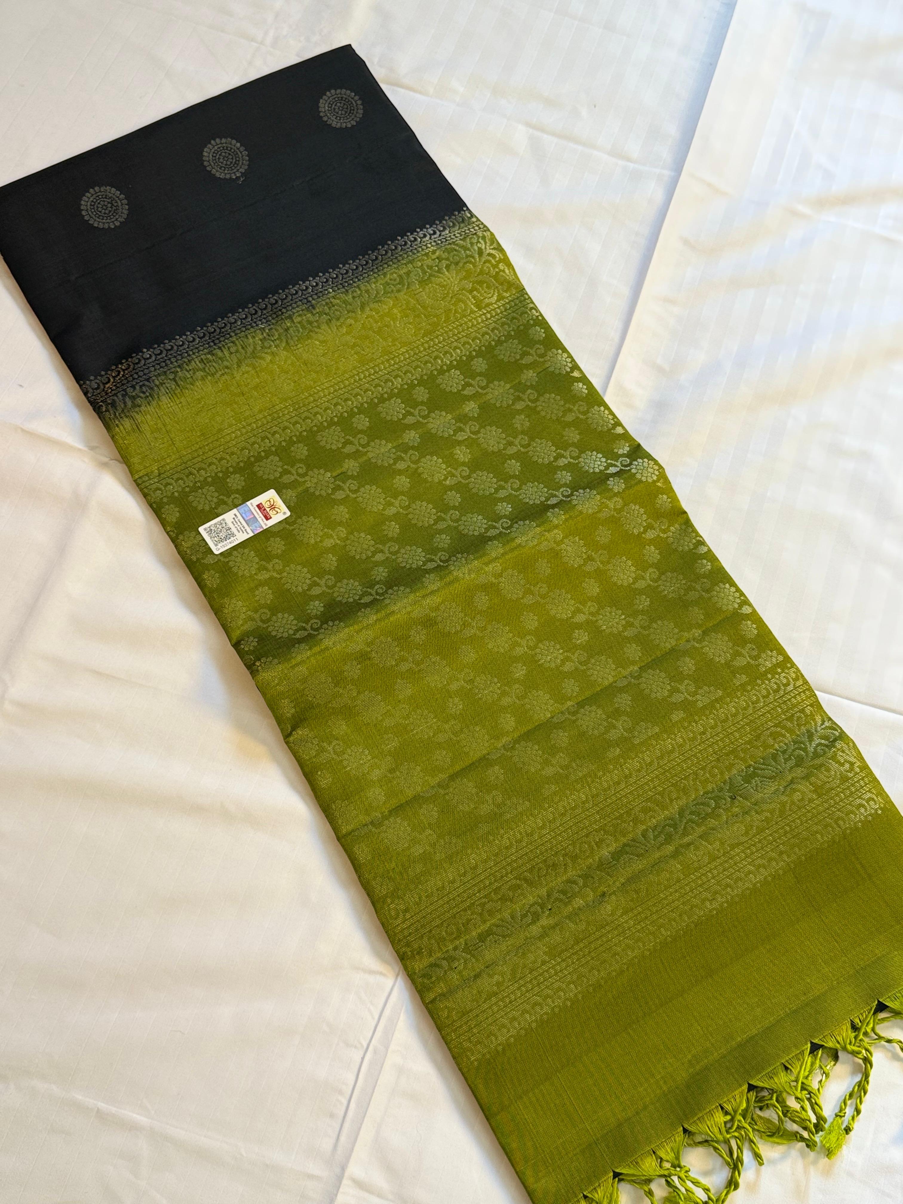 Black & Parrot Green Kanchi Semi Fancy Silk Saree with Silver Zari Work