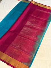 Teal Blue Kanchipuram Silk Saree with Rani Pink Floral Zari Pallu