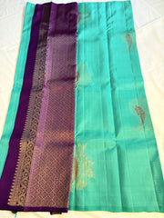 Teal Green Kanchipuram Silk Saree with Royal Violet Diamond Zari Pallu