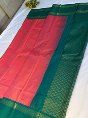 Coral Pink & Bottle Green Kanchipuram Silk Saree with Zari Buttas & Geometric Pallu