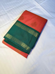 Coral Pink & Bottle Green Kanchipuram Silk Saree with Zari Buttas & Geometric Pallu