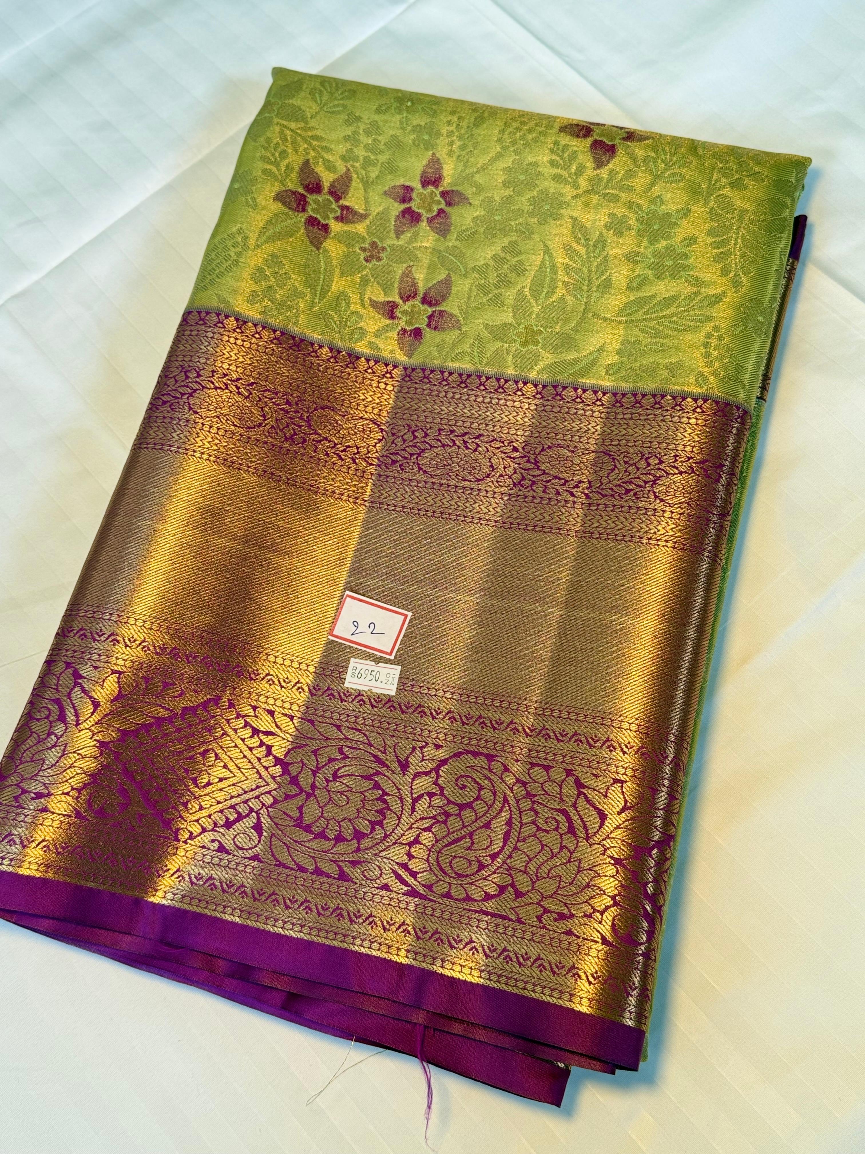 Golden Olive Kanchipuram Silk Saree with Floral Zari Weave & Rich Pallu