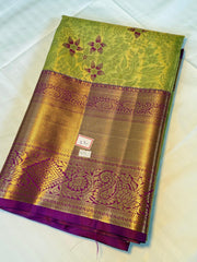 Golden Olive Kanchipuram Silk Saree with Floral Zari Weave & Rich Pallu