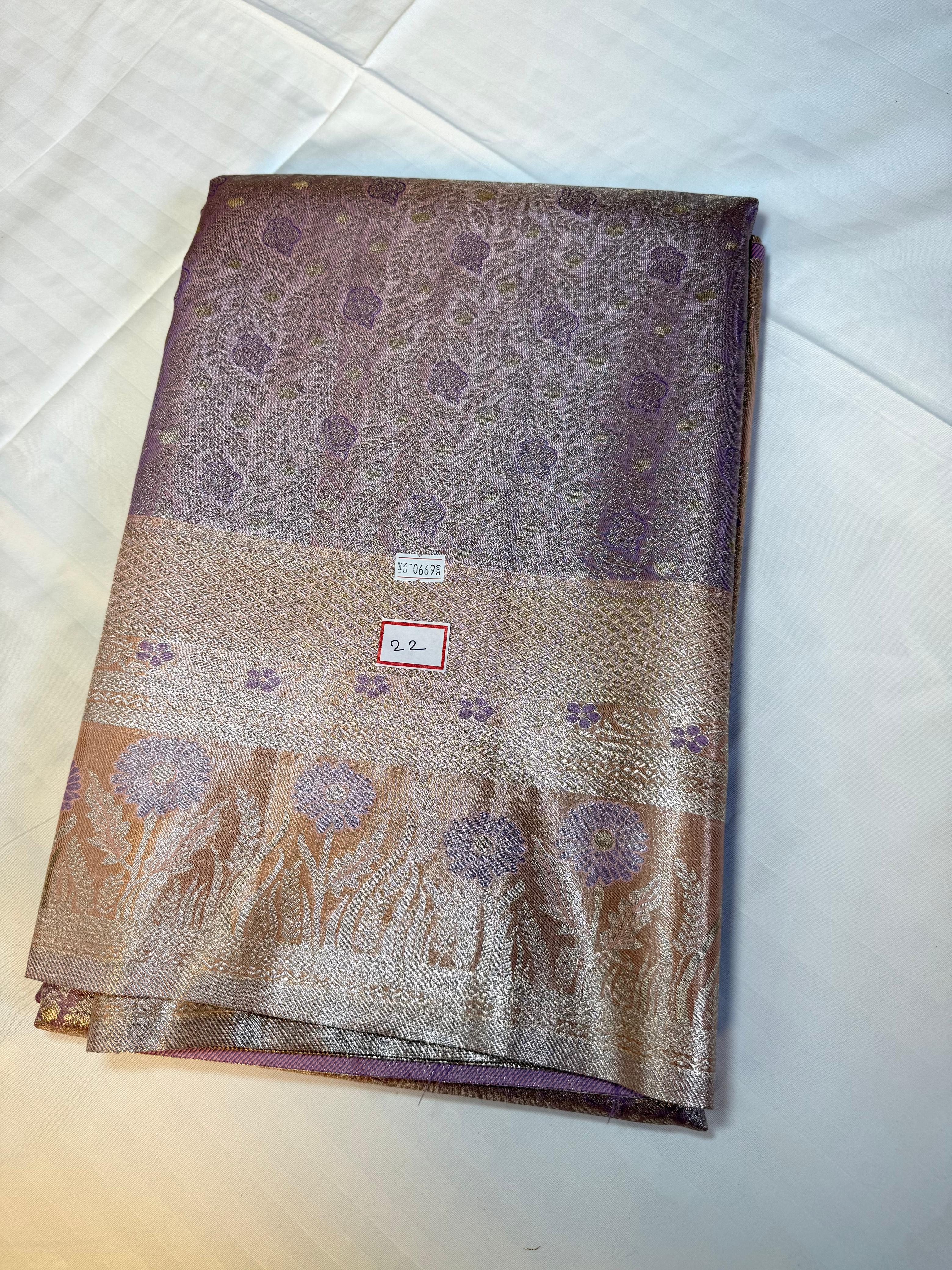 Aadhya Lavender-Beige Kanchipuram Silk Saree with Floral Zari