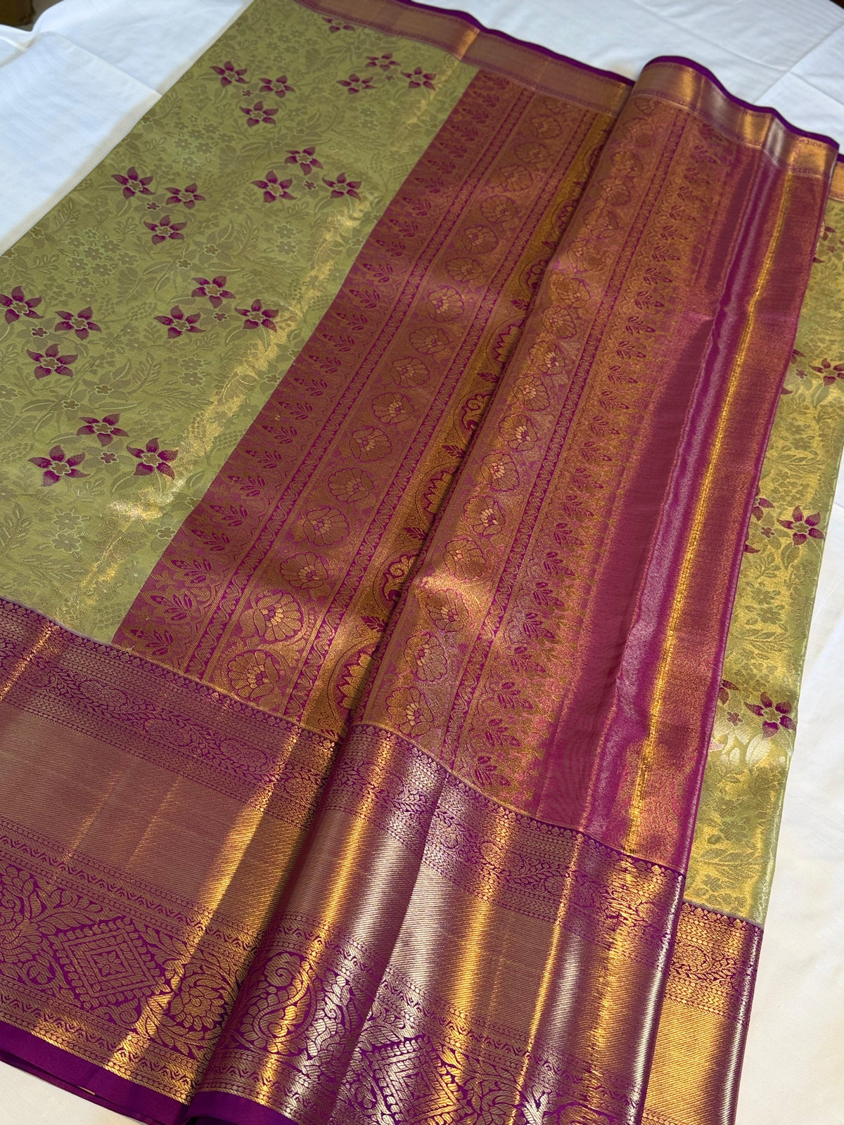 Golden Olive Kanchipuram Silk Saree with Floral Zari Weave & Rich Pallu