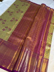 Golden Olive Kanchipuram Silk Saree with Floral Zari Weave & Rich Pallu